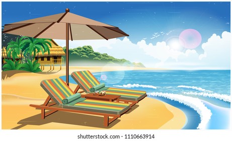 Beach, bungalow, two deck chairs and an umbrella on the sandy beach of an exotic country in retro poster style