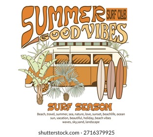 Beach bus artwork. Summer good vibes design. Enjoy summer days. Surfing club artwork. Coastal vibes design. Ocean wave artwork. Tropical abstract art design.