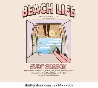 Beach bus camping design. Summer good day. Enjoy beach life. Summer vibes artwork. Beach club. Endless summer artwork. Tropical vintage design. Surfing club artwork.