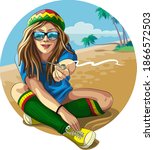 Beach by the ocean. A white girl, Rasta, in mirrored sunglasses, a colored hat and an orange T-shirt, offers marijuana. Cannabis pipe. Vector illustration. For a poster.