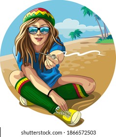 Beach by the ocean. A white girl, Rasta, in mirrored sunglasses, a colored hat and an orange T-shirt, offers marijuana. Cannabis pipe. Vector illustration. For a poster.