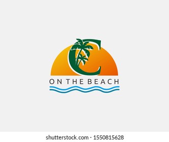 Beach C Letter Icon. Sunset and Palm Tree Letter C Logo Icon. Perfect for surfing shop, sport, Tour and Travel. Initial C with sea wave and palm tree.