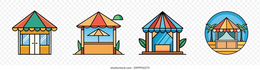 Beach cabana icon, Beach Cabana Vector Line Icon, Cartoon beach house. Terrace cafe icon, Set of store icons,  Street Cafe Icons.