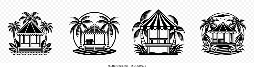 Clipart de la silueta de la cabaña de la playa, ícono de la cabaña de la playa, ícono de la línea del Vector de la cabaña de la playa