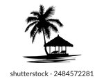 Beach Cabana and Palm Tree Silhouette Clipart, Summer Beach Cabana Silhouette Vector