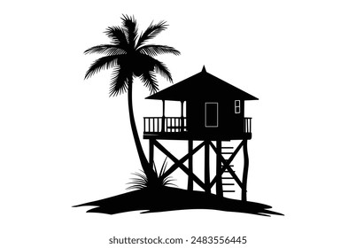 Beach Cabana y Palm Tree Silhouette Clipart, Summer Beach Cabana Silhouette Vector