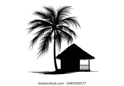 Beach Cabana and Palm Tree Silhouette Clipart, Summer Beach Cabana Silhouette Vector