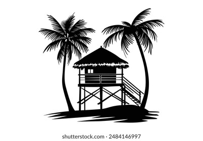 Beach Cabana y Palm Tree Silhouette Clipart, Summer Beach Cabana Silhouette Vector