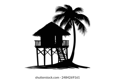 Beach Cabana and Palm Tree Silhouette Clipart, Summer Beach Cabana Silhouette Vector