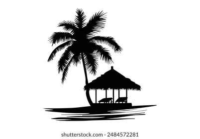 Beach Cabana and Palm Tree Silhouette Clipart, Summer Beach Cabana Silhouette Vector