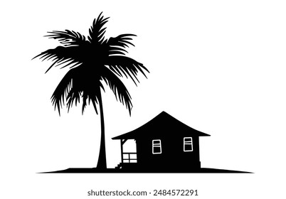 Beach Cabana y Palm Tree Silhouette Clipart, Summer Beach Cabana Silhouette Vector