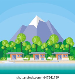 Beach cabanas are surrounded by tropical plants. Beautiful sea landscape. Vector background.