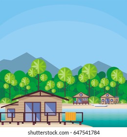 Beach cabanas are surrounded by tropical plants. Beautiful sea landscape. Vector background.