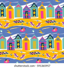 Beach cabin vector seamless pattern. Colorful brigt pattern with people on vacation.