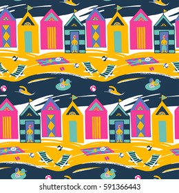 Beach cabin vector seamless pattern. Colorful brigt pattern with people on vacation.