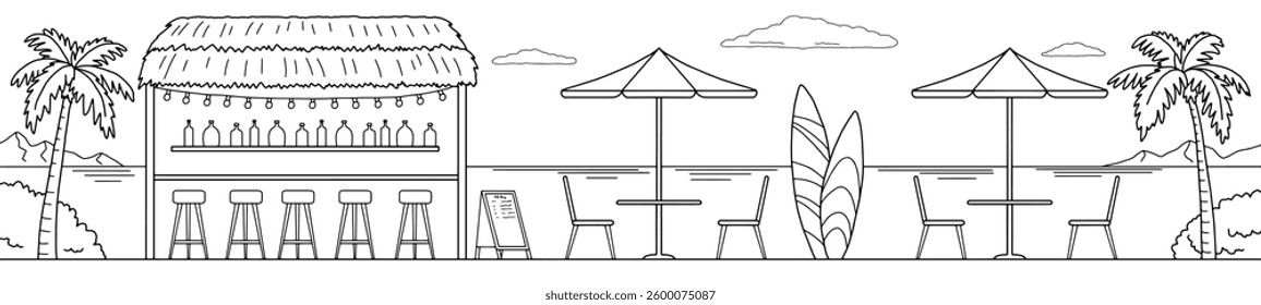 Beach cafe bar graphic black white landscape long sketch illustration vector 