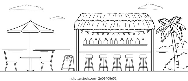 Beach cafe bar graphic black white landscape sketch illustration vector 