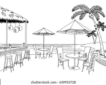 Beach Cafe Bar Graphic Black White Landscape Sketch Illustration Vector