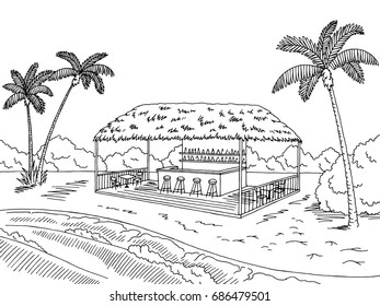 Beach cafe bar graphic black white landscape sketch illustration vector