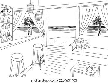 Beach cafe interior bar graphic black white sketch illustration vector