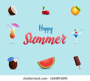 Beach cafe vector banner template. Sweet summertime desserts, watermelon, ice cream, cherries. Summer cocktails, alcohol drinks, exotic refreshing beverages in coconut promo poster design layout