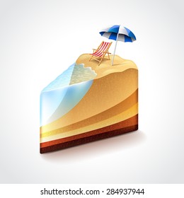 Beach as cake, vacation or travel concept photo realistic vector illustration