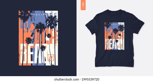 Beach California graphic t-shirt summer design with palm trees, vector illustration.