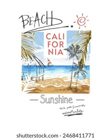 beach calligraphy slogan on sand beach scene background hand drawn vector illustration