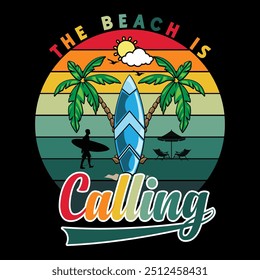 A praia está ligando e eu devo ir ao design de camisetas. Inscrição motivacional relacionada ao horário de verão.