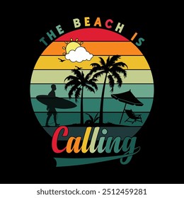 A praia está ligando e eu devo ir ao design de camisetas. Inscrição motivacional relacionada ao horário de verão.