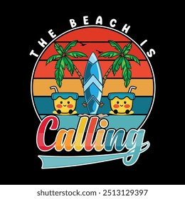 A praia está ligando e eu devo ir ao design de camisetas. Inscrição motivacional relacionada ao horário de verão.