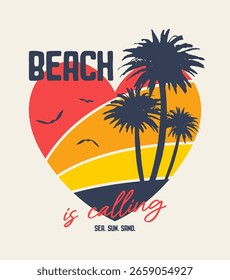 La playa está llamando - eslogan para el diseño de la camiseta con las palmeras en forma de corazón. Gráficos de tipografía para ropa, camiseta, producto impreso y ropa. Ilustración vectorial.