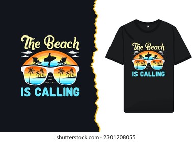 The Beach is Calling T-shirt Design vector template with sunglass, palm tree, cloud, surfboard, and bird silhouette.