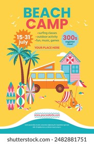 Beach camp flyer template with palms, surfing boards, bus,  bungalow, sun lounger, parasol, guitar, ball. Seaside landscape with surfing equipment,  and surf fan items. Summer beach vacation, surfing