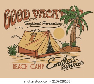 Beach camp graphic print design for t shirt, sticker, poster, background and others. Summer vintage artwork design. 