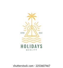 beach camp tent coconut trees sunset water lines hipster colored logo design vector icon illustration template