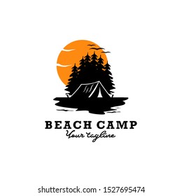 Beach camp vacation camping nature logo design vector featuring tents by the ocean, palm trees, and sunset. Ideal for travel agencies, adventure tours, coastal resorts, outdoor gear, and summer-themed