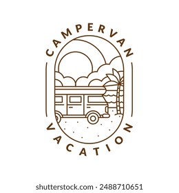 beach and campervan badge monoline or line art style vector illustration
