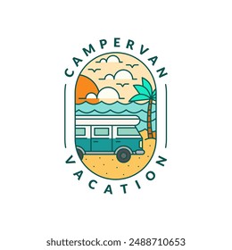 beach and campervan badge monoline or line art style vector illustration