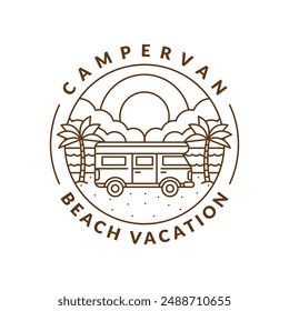 beach and campervan badge monoline or line art style vector illustration