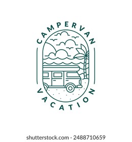 beach and campervan badge monoline or line art style vector illustration