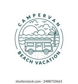 beach and campervan badge monoline or line art style vector illustration