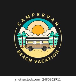 beach and campervan badge monoline or line art style vector illustration