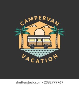 beach and campervan biking badge vector illustration. beach and campervan monoline or line art style. design can be for t-shirts, sticker, printing needs