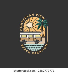 beach and campervan biking badge vector illustration. beach and campervan monoline or line art style. design can be for t-shirts, sticker, printing needs