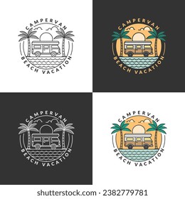 beach and campervan biking badge vector illustration. beach and campervan monoline or line art style. design can be for t-shirts, sticker, printing needs