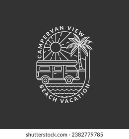 beach and campervan biking badge vector illustration. beach and campervan monoline or line art style. design can be for t-shirts, sticker, printing needs