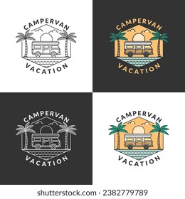 ilustración vectorial de la placa de ciclismo de playa y campervan. playa y campervan monoline o estilo de arte de línea. el diseño puede ser para camisetas, autoadhesivos y necesidades de impresión