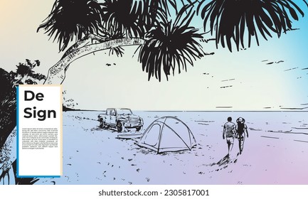 Diseño de templos de fondo de camping playa con una impresión romántica. Perfecto para el diseño de afiches, banner, volante, etc.