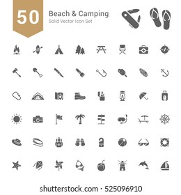 Beach & Camping Icon Set. 50 Solid Vector Icons.